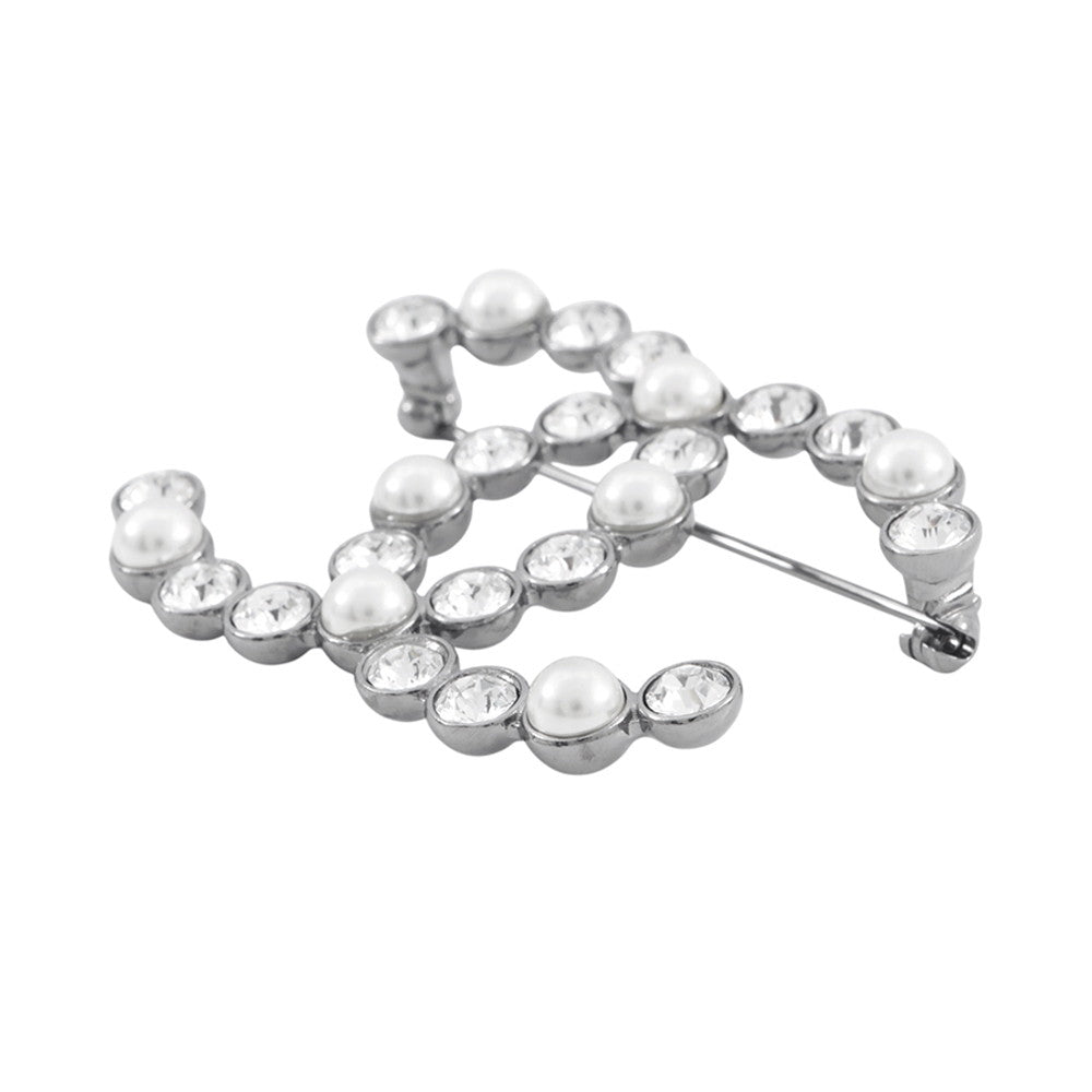 CHANEL CC Logo Brooch Faux Pearl Light Stone Metal