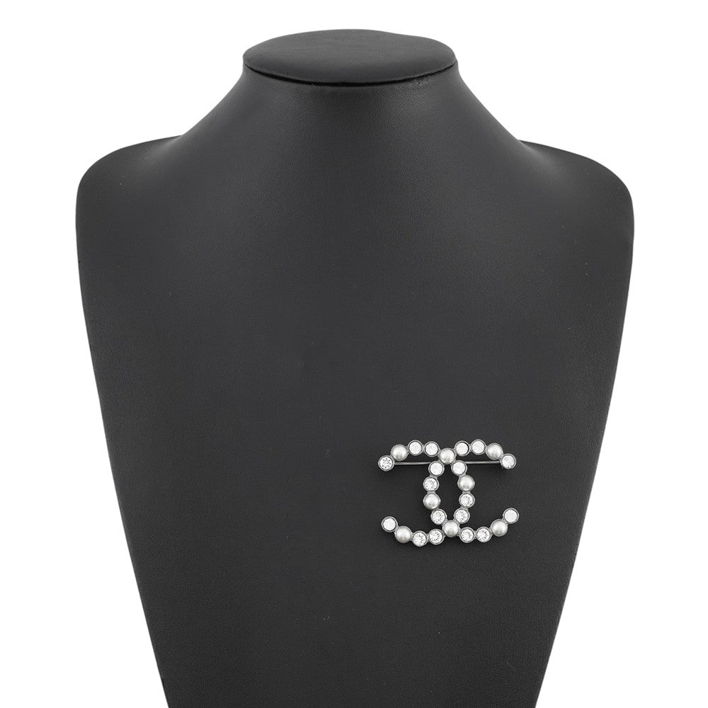 CHANEL CC Logo Brooch Faux Pearl Light Stone Metal