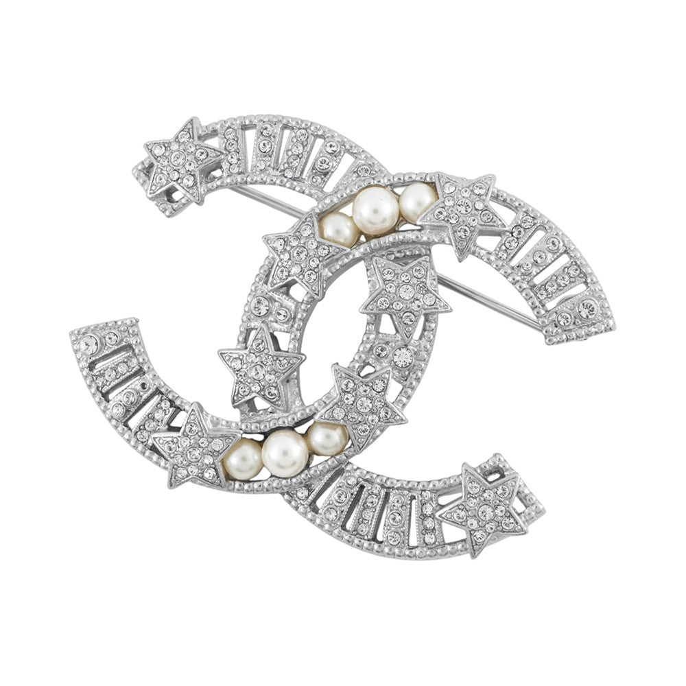CHANEL CC Logo Star Brooch Metal Faux Pearl Rhinestone