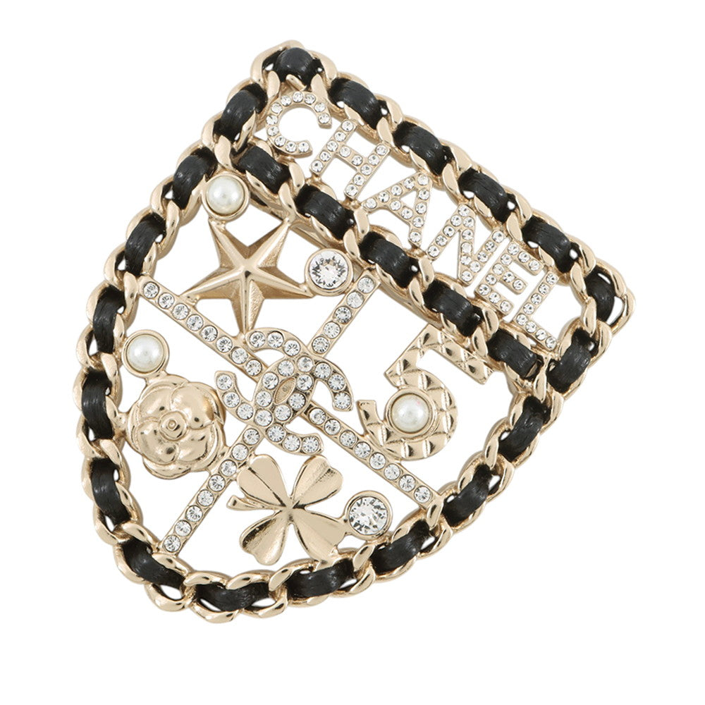 CHANEL CC Logo Emblem Brooch BlackAB4702 Gold Plated Rhinestone Faux Pearl