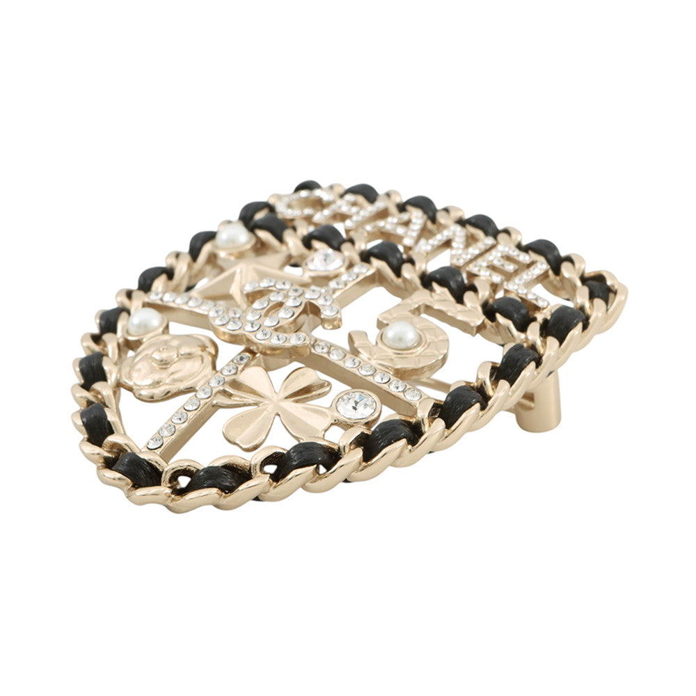 CHANEL CC Logo Emblem Brooch BlackAB4702 Gold Plated Rhinestone Faux Pearl