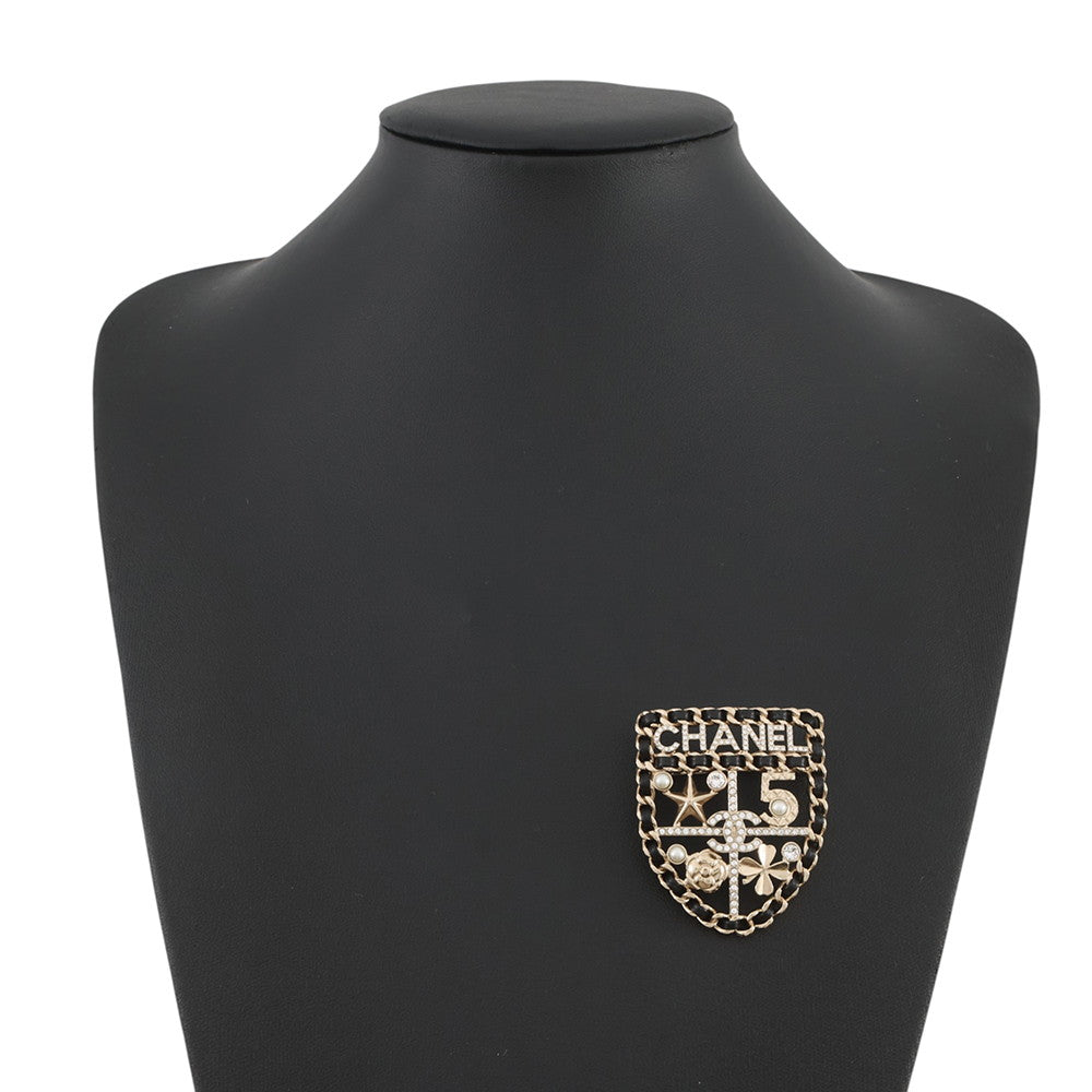 CHANEL CC Logo Emblem Brooch BlackAB4702 Gold Plated Rhinestone Faux Pearl