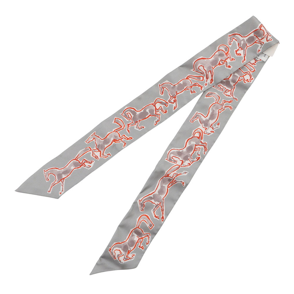 HERMES Twilly, the Free Horse, Chevaux en Liberte Grispearl/Rouge/White Silk100%