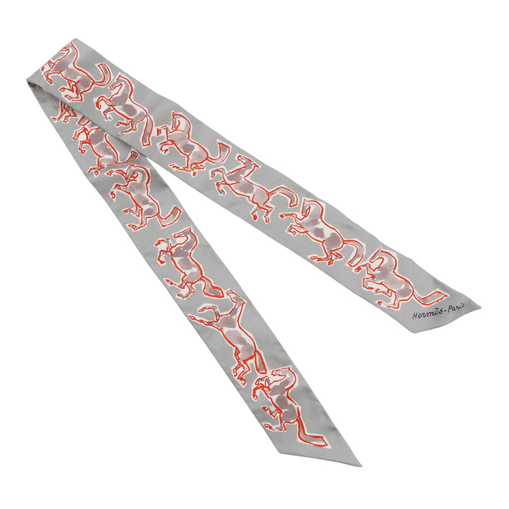 HERMES Twilly, the Free Horse, Chevaux en Liberte Grispearl/Rouge/White Silk100%