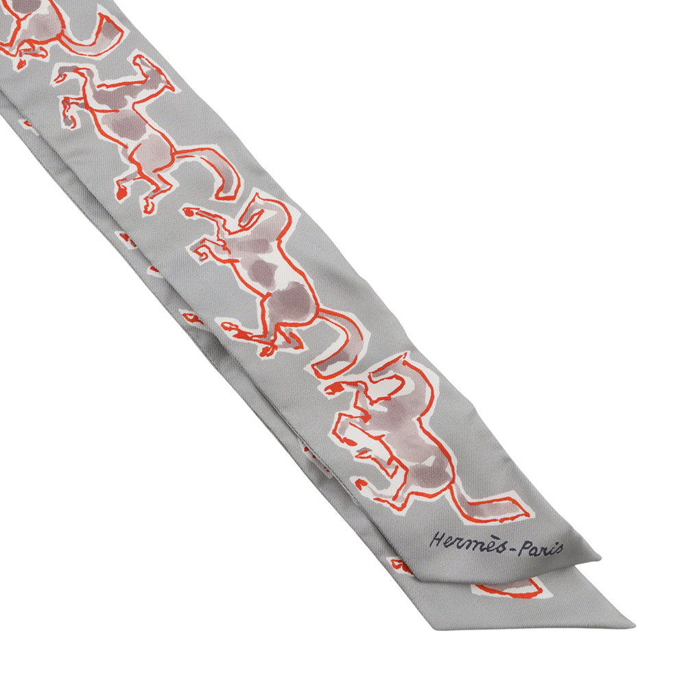 HERMES Twilly, the Free Horse, Chevaux en Liberte Grispearl/Rouge/White Silk100%