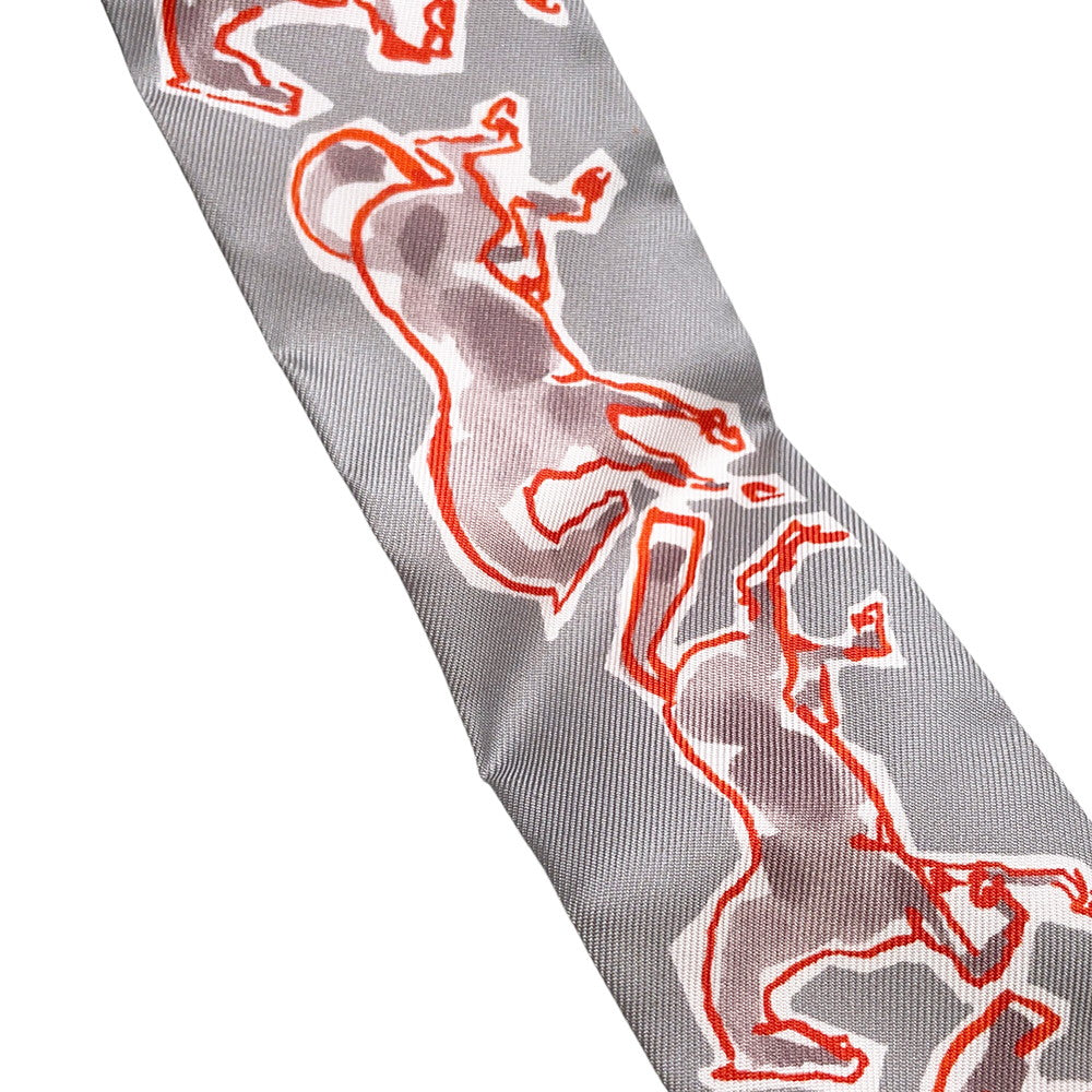 HERMES Twilly, the Free Horse, Chevaux en Liberte Grispearl/Rouge/White Silk100%