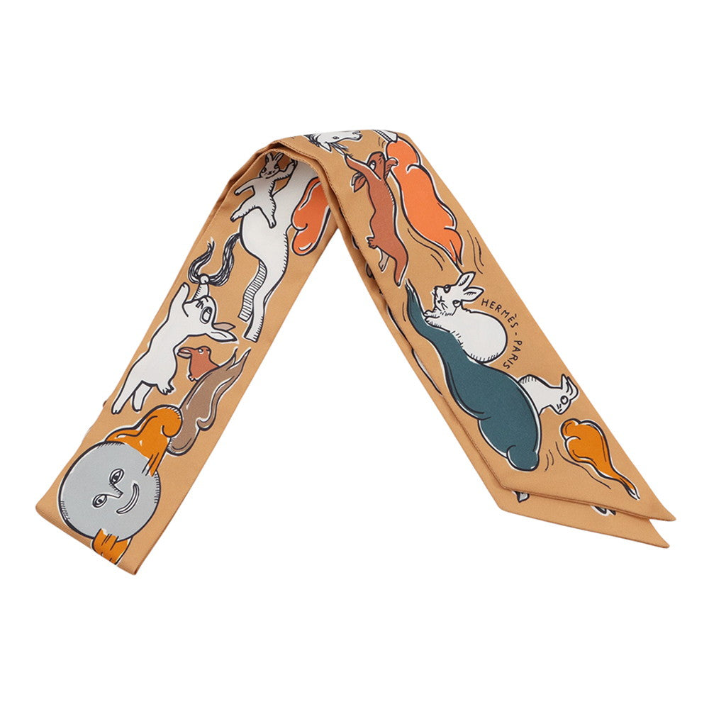 HERMES Twilly Twilly Mille Et Un Lapins Beige Doll / Apricot Silk100%
