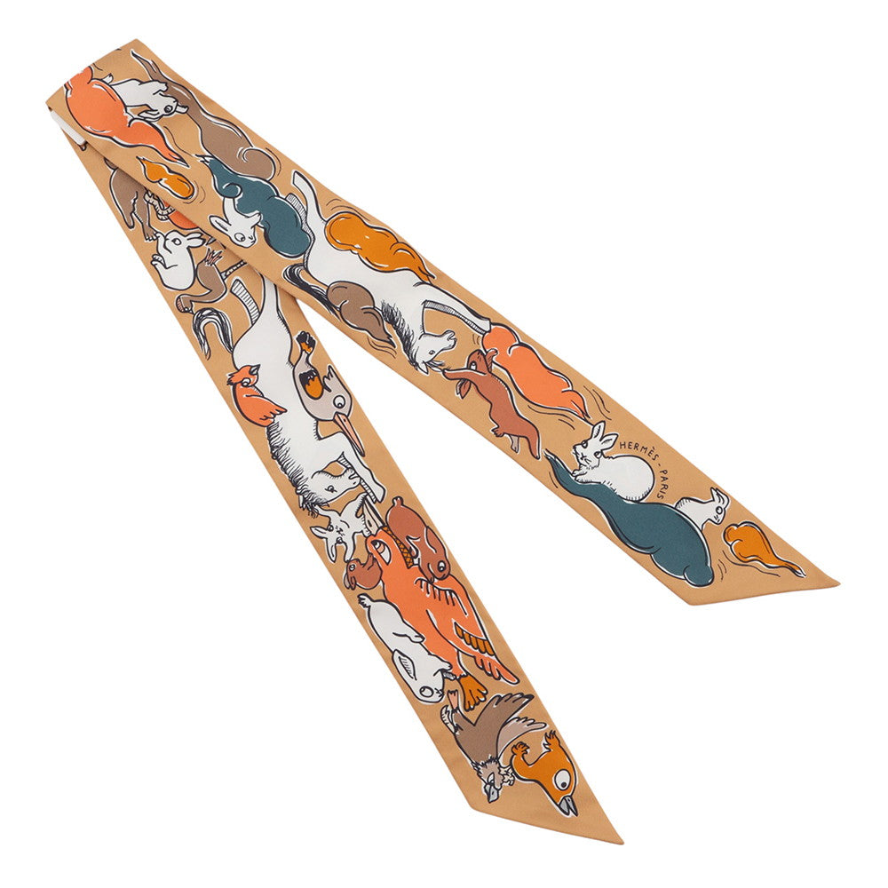 HERMES Twilly Twilly Mille Et Un Lapins Beige Doll / Apricot Silk100%
