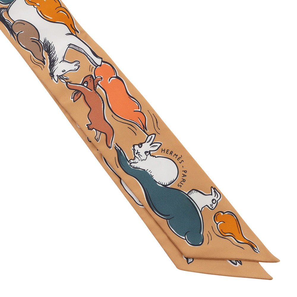 HERMES Twilly Twilly Mille Et Un Lapins Beige Doll / Apricot Silk100%