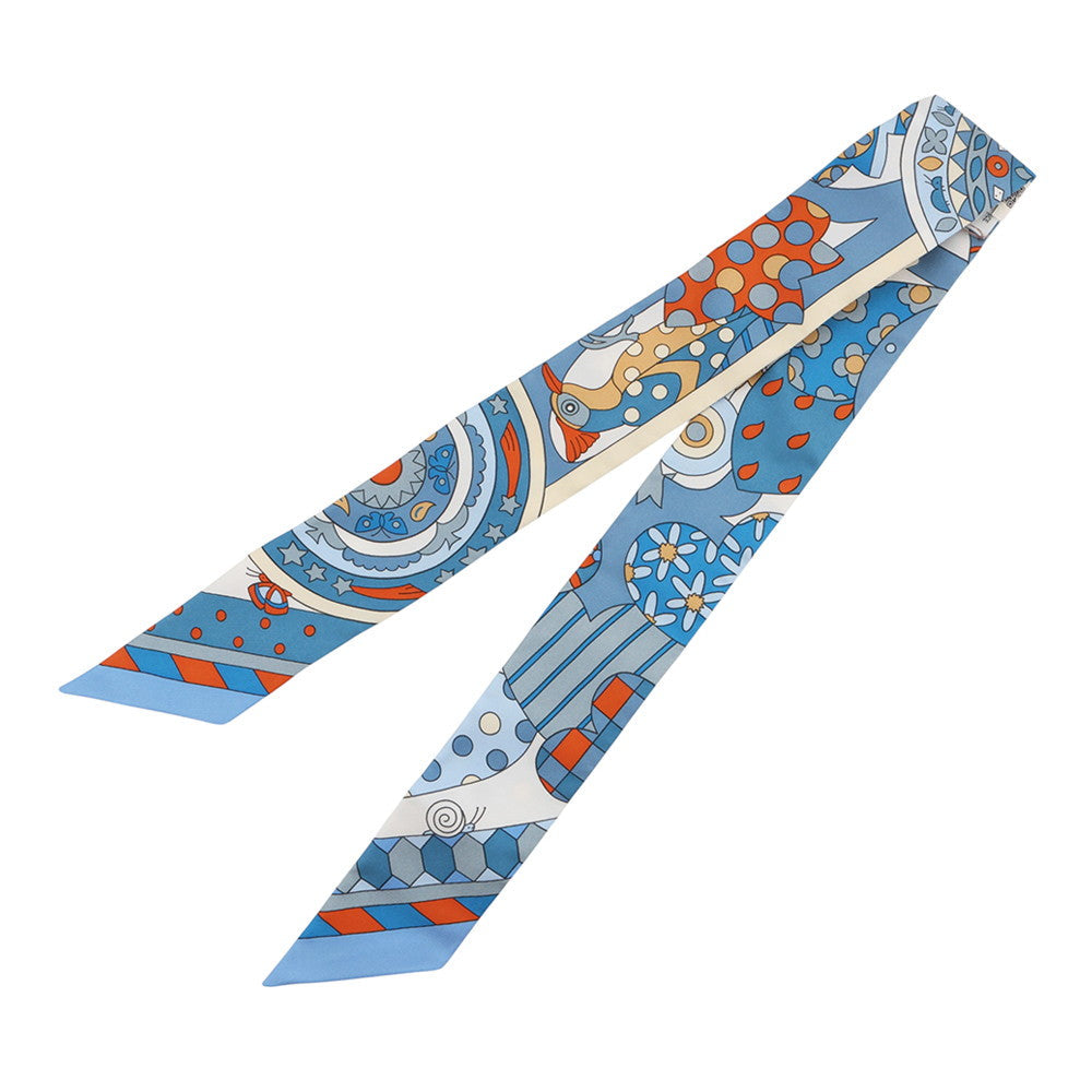 HERMES Twilly Whispering in the Forest Les Murmures de la Foret Blue Jean/Orange/Cream Silk100%