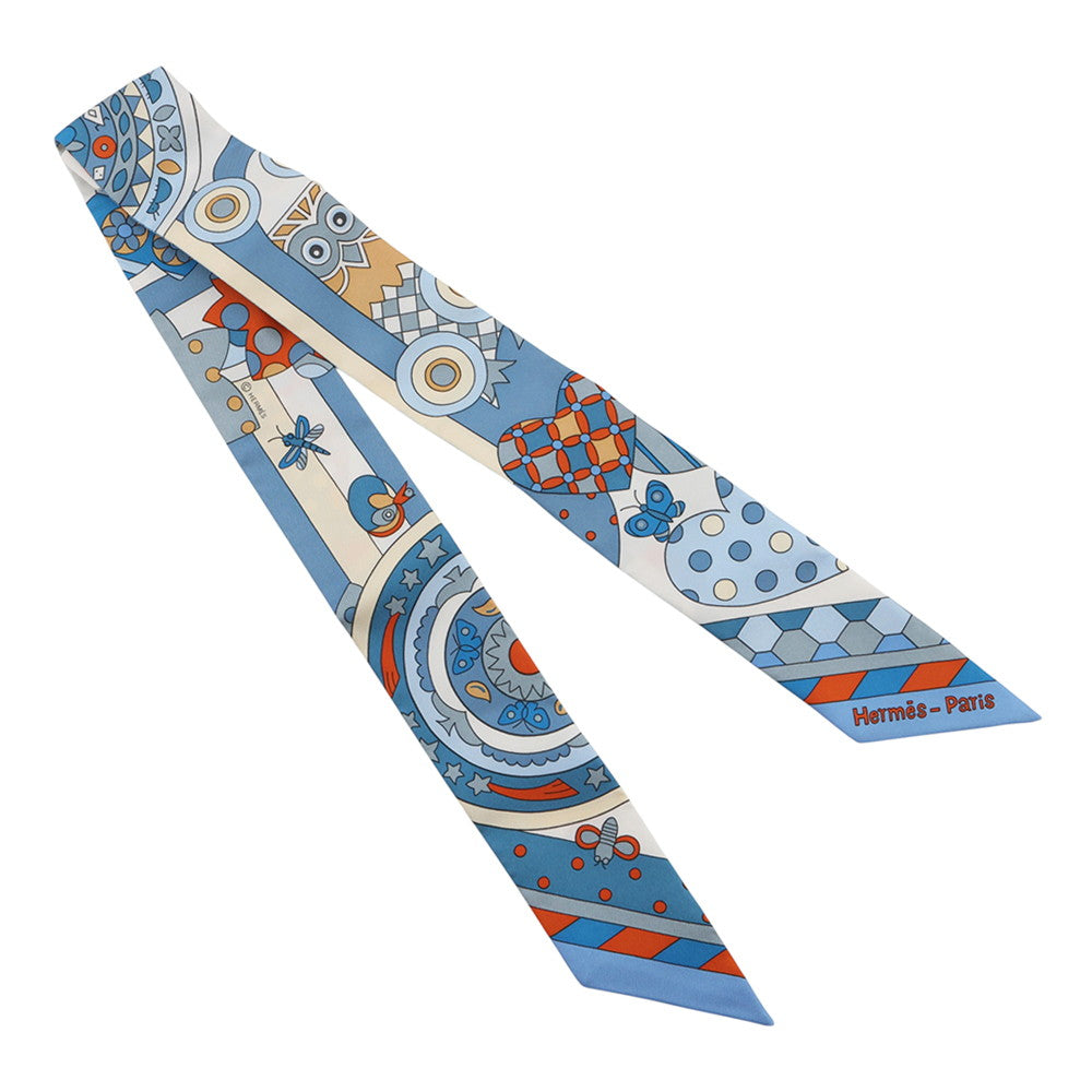HERMES Twilly Whispering in the Forest Les Murmures de la Foret Blue Jean/Orange/Cream Silk100%