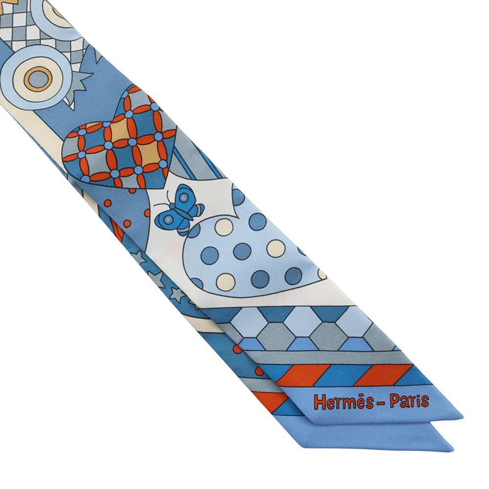 HERMES Twilly Whispering in the Forest Les Murmures de la Foret Blue Jean/Orange/Cream Silk100%