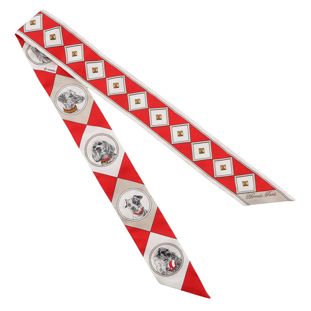 HERMES Twilly Colliers et Chiens forever Rouge/Blanc/Multicolor Silk100%