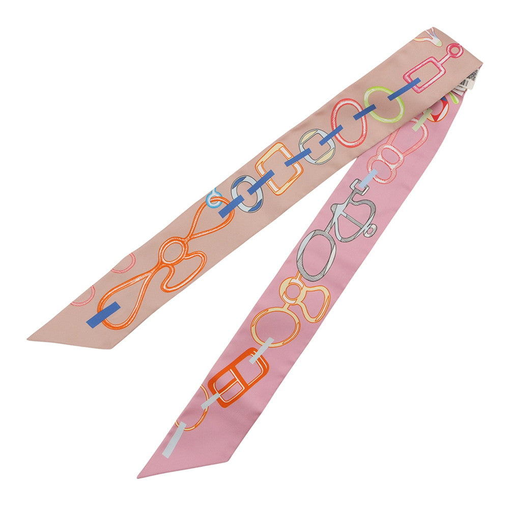 HERMES Twilly Do Re Boucles Rose Poudre/Blue Silk100%