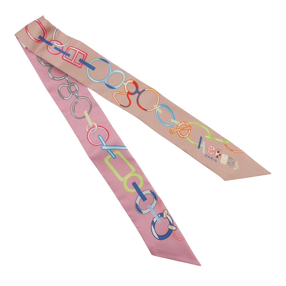 HERMES Twilly Do Re Boucles Rose Poudre/Blue Silk100%