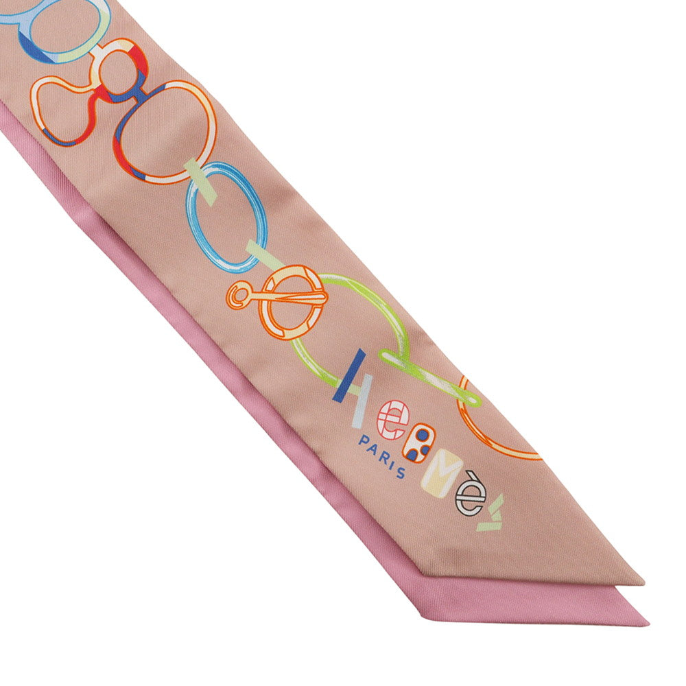 HERMES Twilly Do Re Boucles Rose Poudre/Blue Silk100%