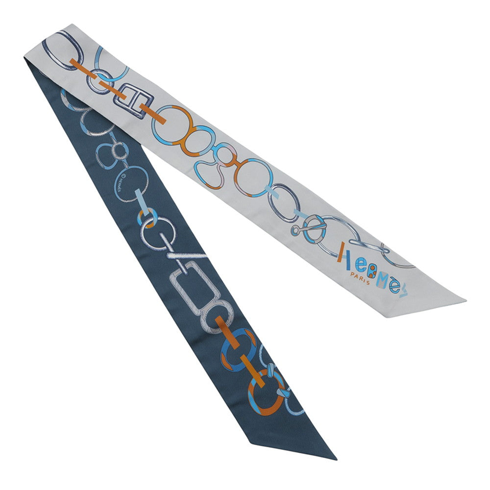 HERMES Twilly Do Re Boucles Blue/Gray Silk100%