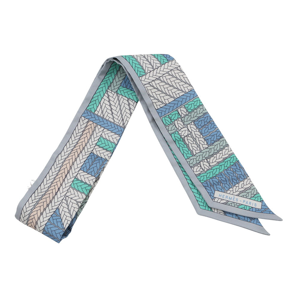 HERMES Twilly TRESSES H Blue Jean / Grispearl Silk100%