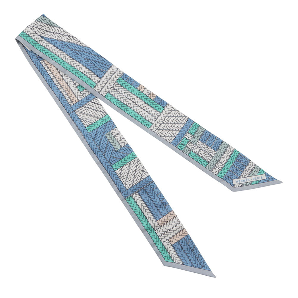 HERMES Twilly TRESSES H Blue Jean / Grispearl Silk100%