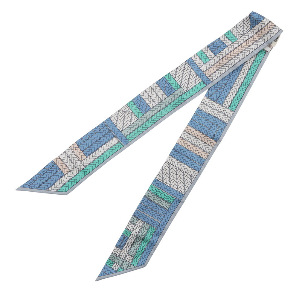HERMES Twilly TRESSES H Blue Jean / Grispearl Silk100%