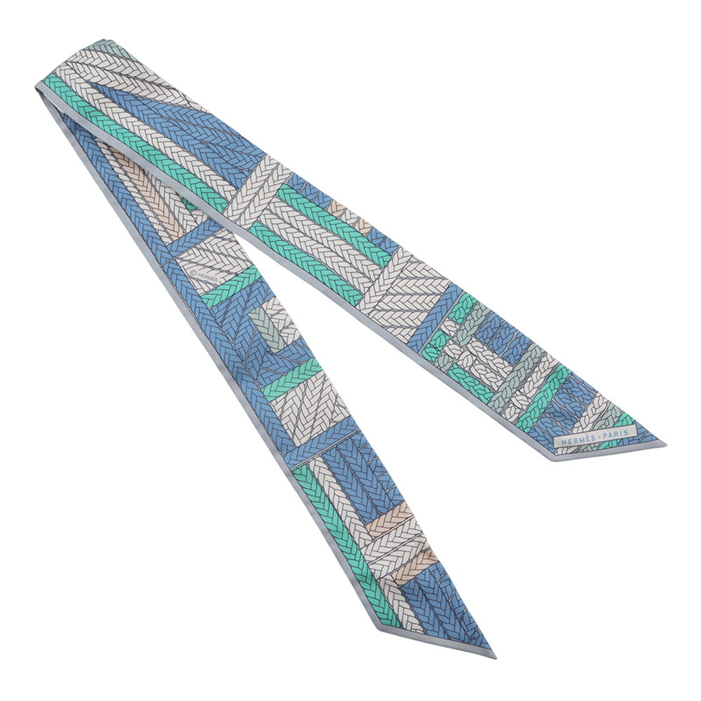 HERMES Twilly TRESSES H Blue Jean / Grispearl Silk100%