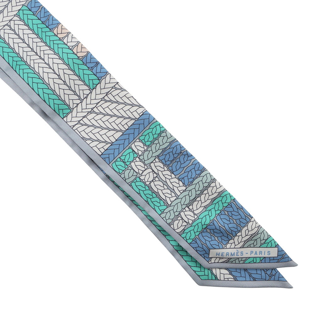 HERMES Twilly TRESSES H Blue Jean / Grispearl Silk100%