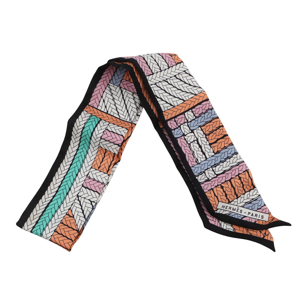 HERMES Twilly TRESSES H Apricot/Black/Rose Silk100%