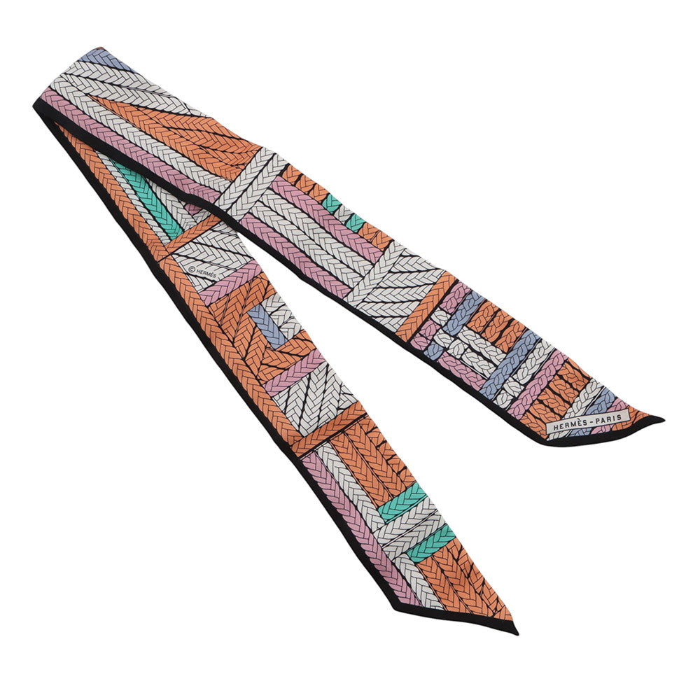 HERMES Twilly TRESSES H Apricot/Black/Rose Silk100%