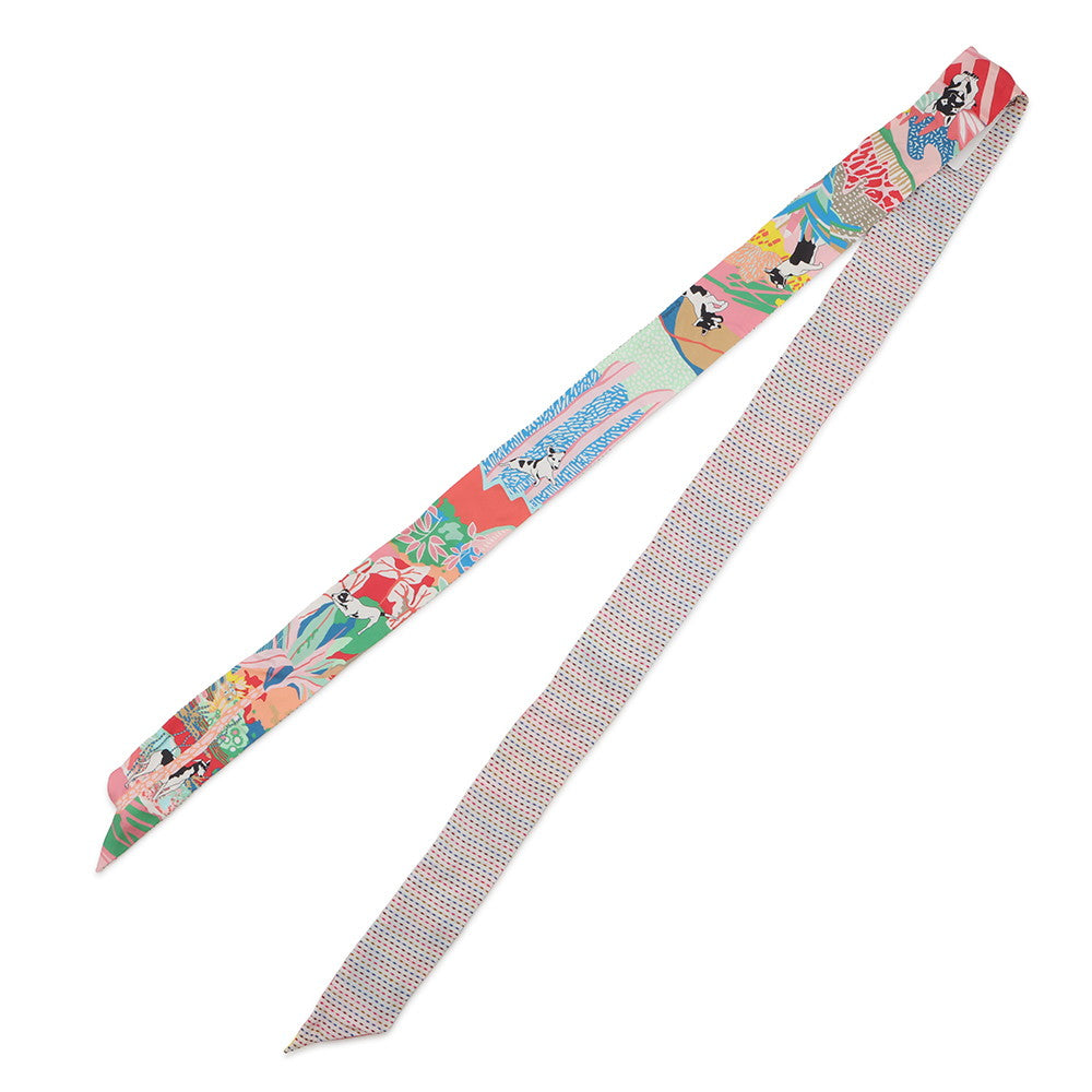 HERMES Twilly Twins En Liberte (Freely) Rose/Blue/Vert Silk100%