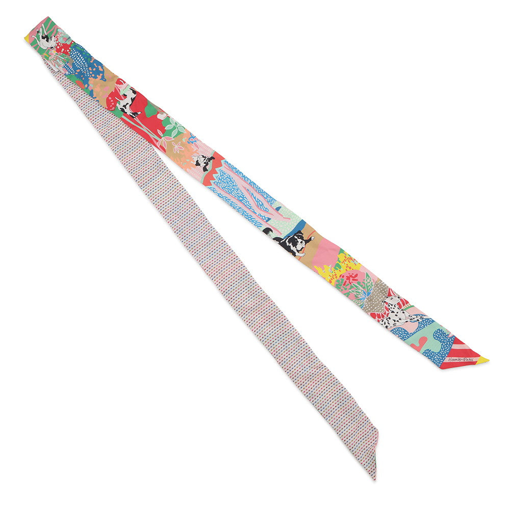 HERMES Twilly Twins En Liberte (Freely) Rose/Blue/Vert Silk100%