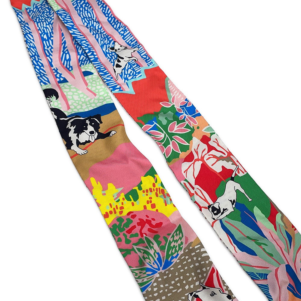 HERMES Twilly Twins En Liberte (Freely) Rose/Blue/Vert Silk100%