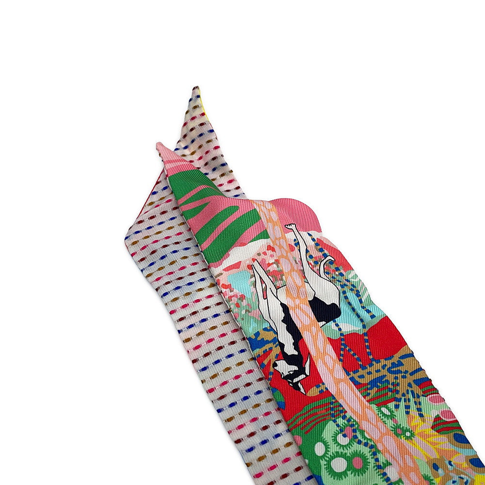 HERMES Twilly Twins En Liberte (Freely) Rose/Blue/Vert Silk100%