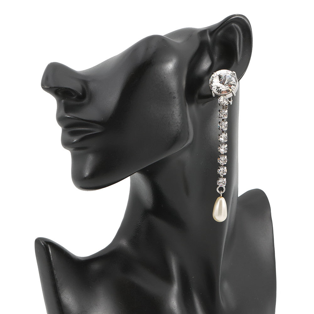 MIUMIU Crystal Faux Pearl Earring Silver Metal Rhinestone Faux Pearl