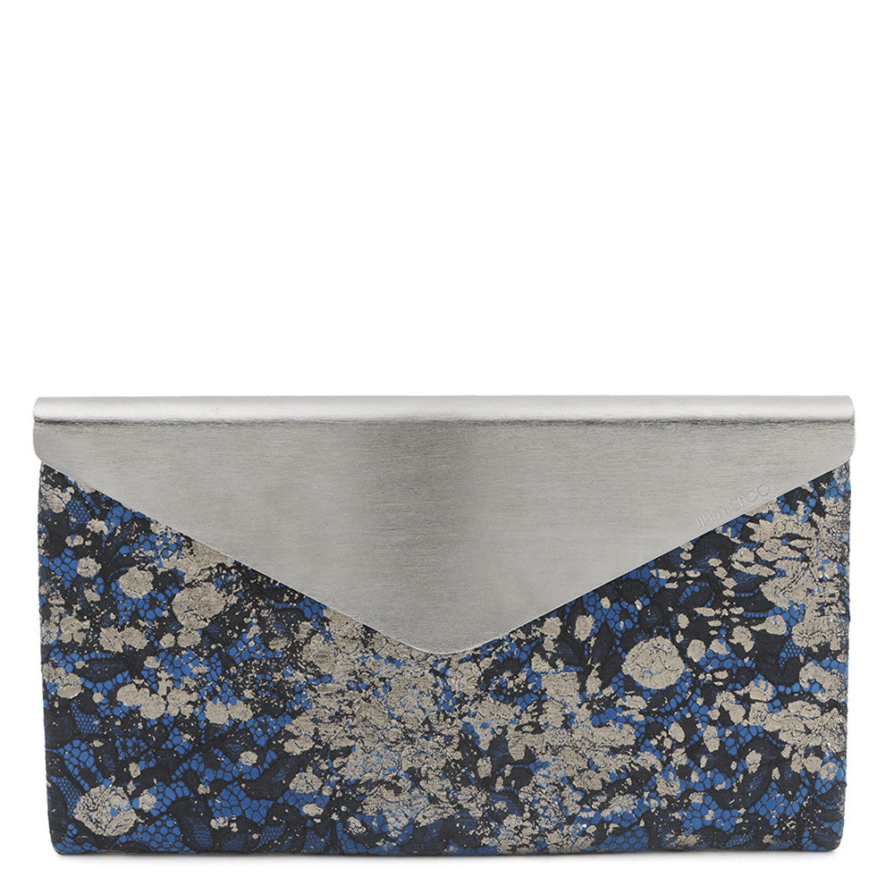 JIMMY CHOO Floral Embroidery Clutch Bag Blue/Silver Canvas