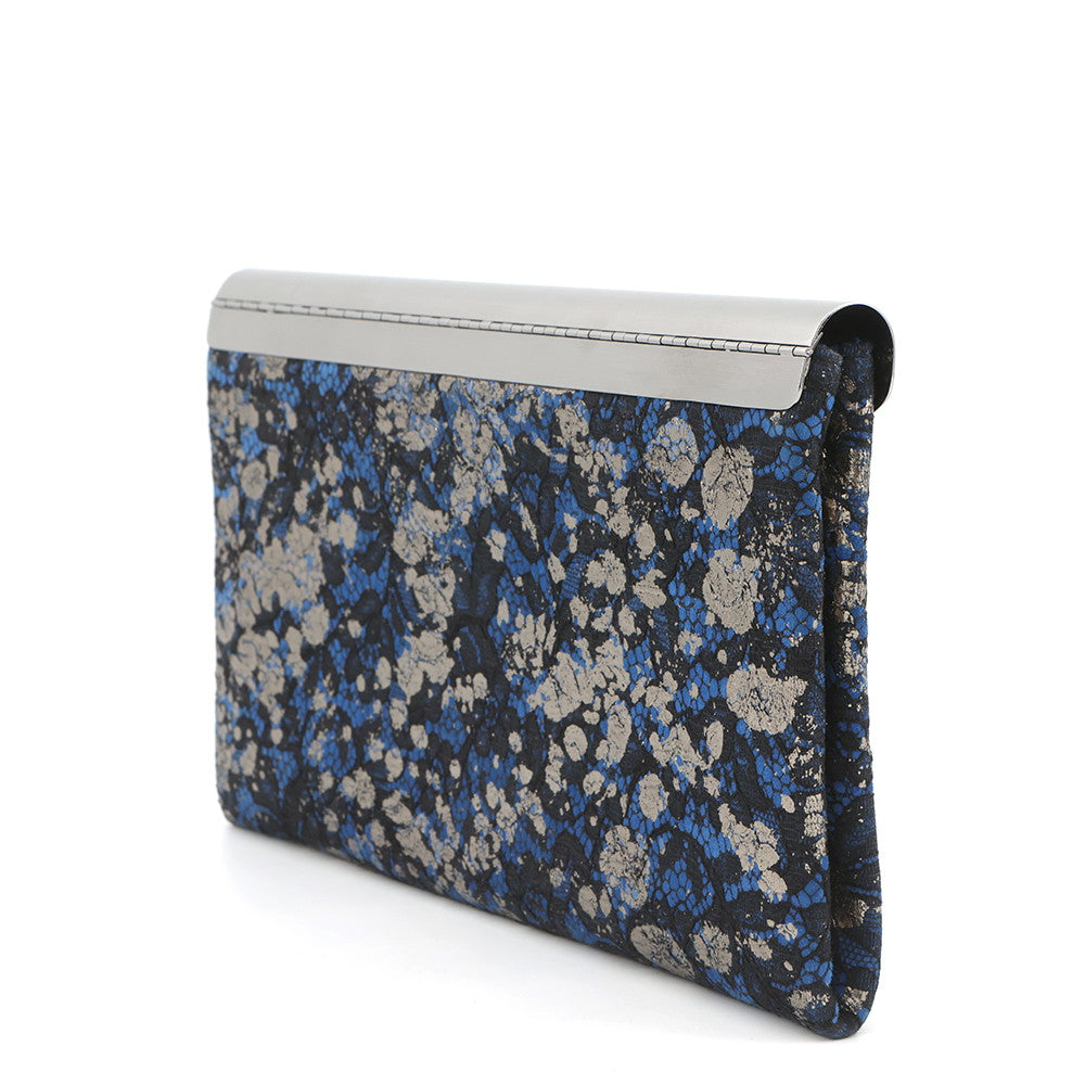 JIMMY CHOO Floral Embroidery Clutch Bag Blue/Silver Canvas