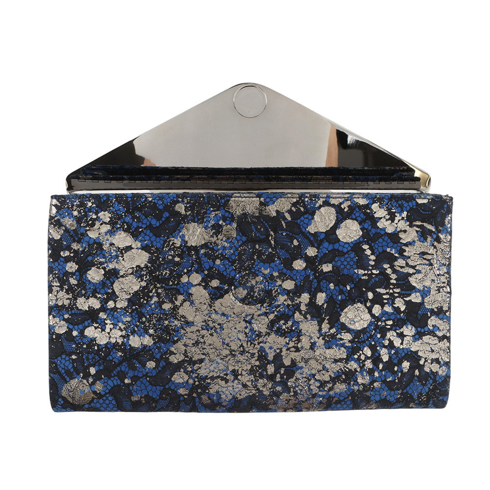 JIMMY CHOO Floral Embroidery Clutch Bag Blue/Silver Canvas