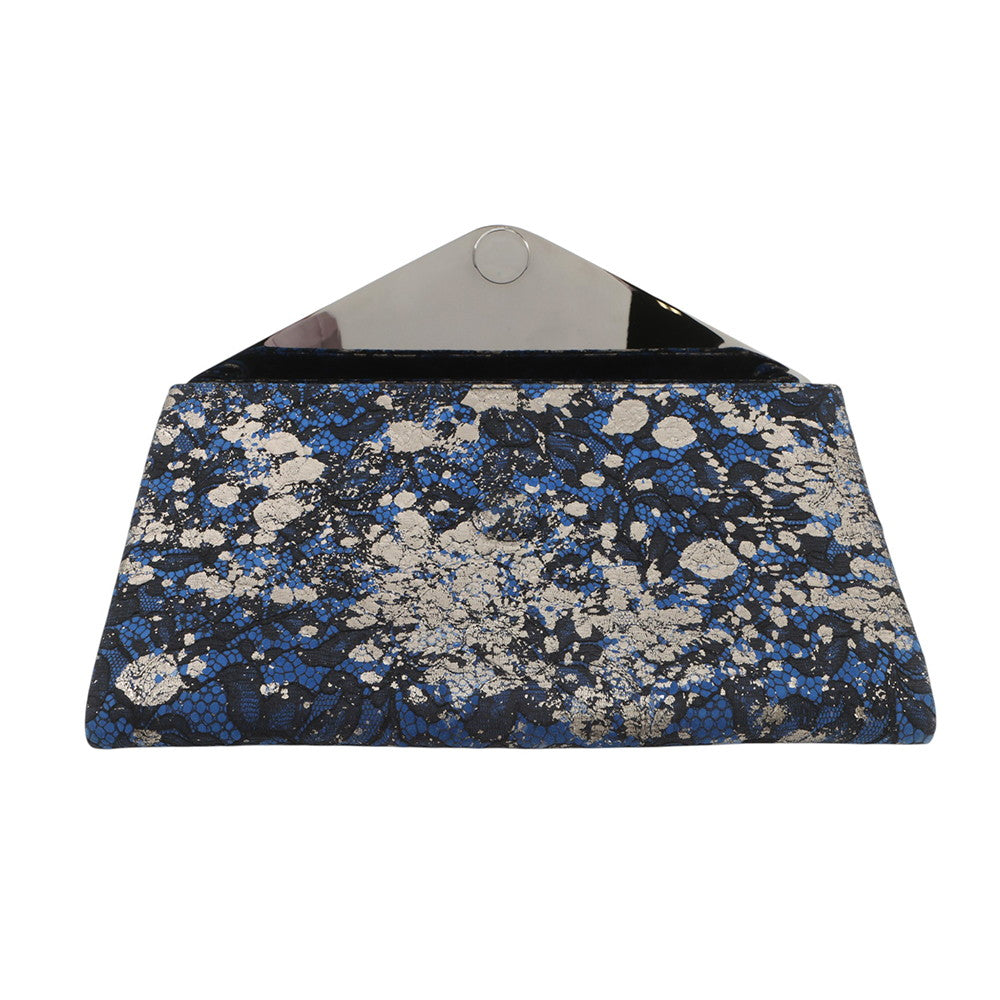 JIMMY CHOO Floral Embroidery Clutch Bag Blue/Silver Canvas