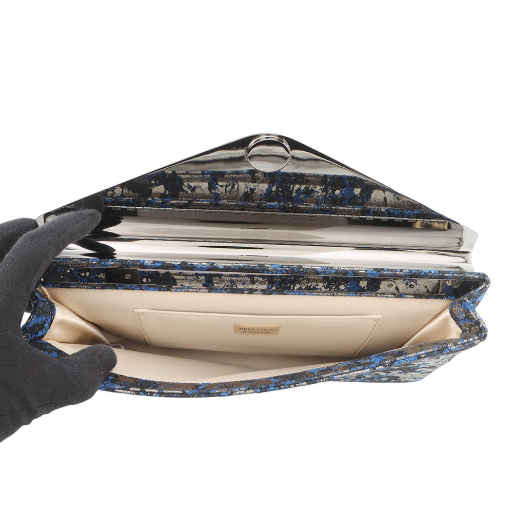 JIMMY CHOO Floral Embroidery Clutch Bag Blue/Silver Canvas