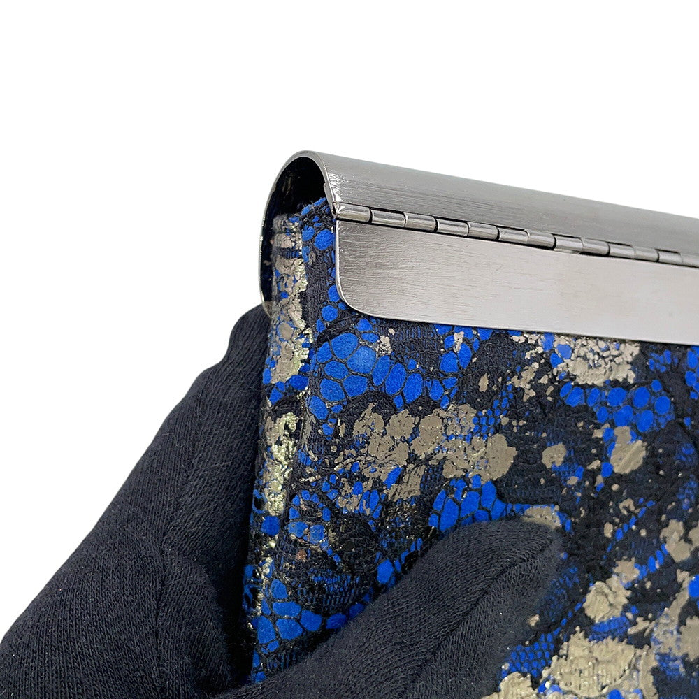JIMMY CHOO Floral Embroidery Clutch Bag Blue/Silver Canvas