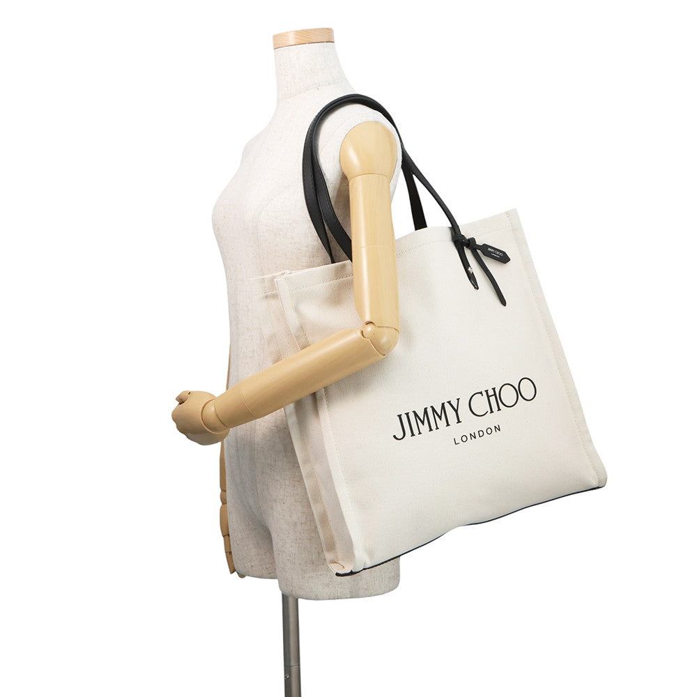 JIMMY CHOO Tote Bag Ivory/Black Canvas Leather