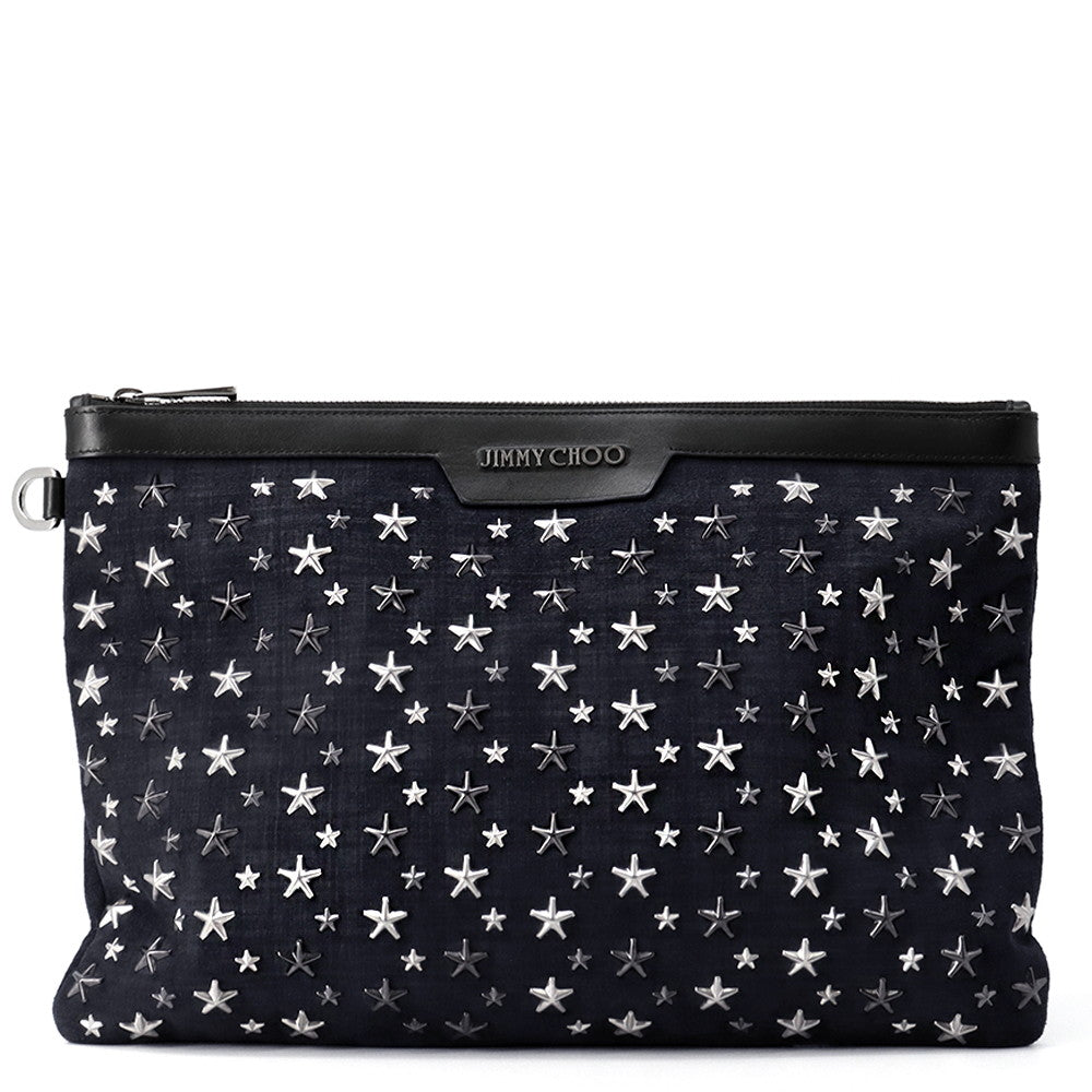 JIMMY CHOO Derek Starr Studded business bag Navy/Black Denim suede leather