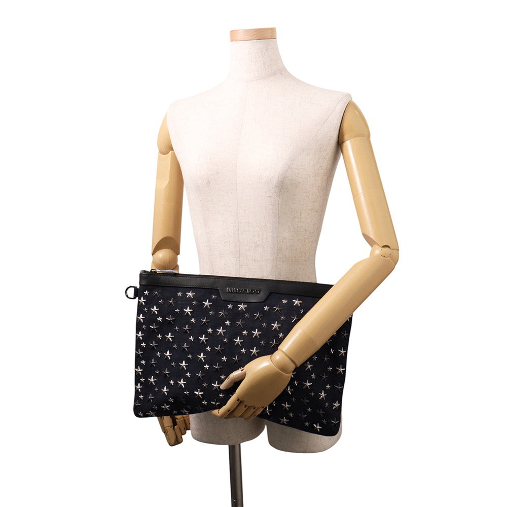 JIMMY CHOO Derek Starr Studded business bag Navy/Black Denim suede leather