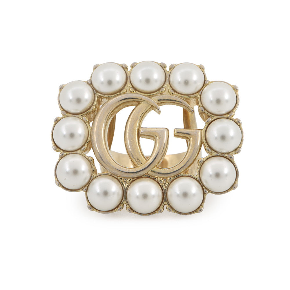 GUCCI Double G Logo Ring Size XS Gold Plated Faux Pearl
