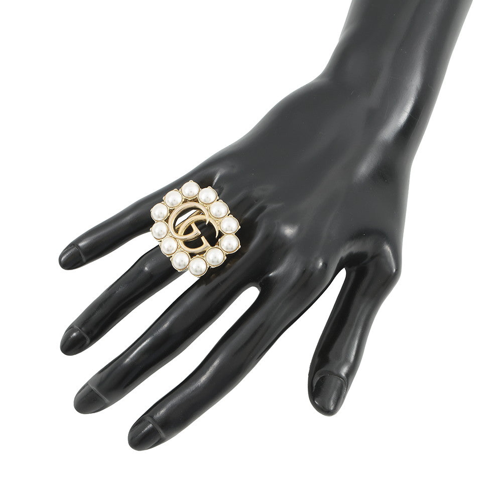 GUCCI Double G Logo Ring Size XS Gold Plated Faux Pearl