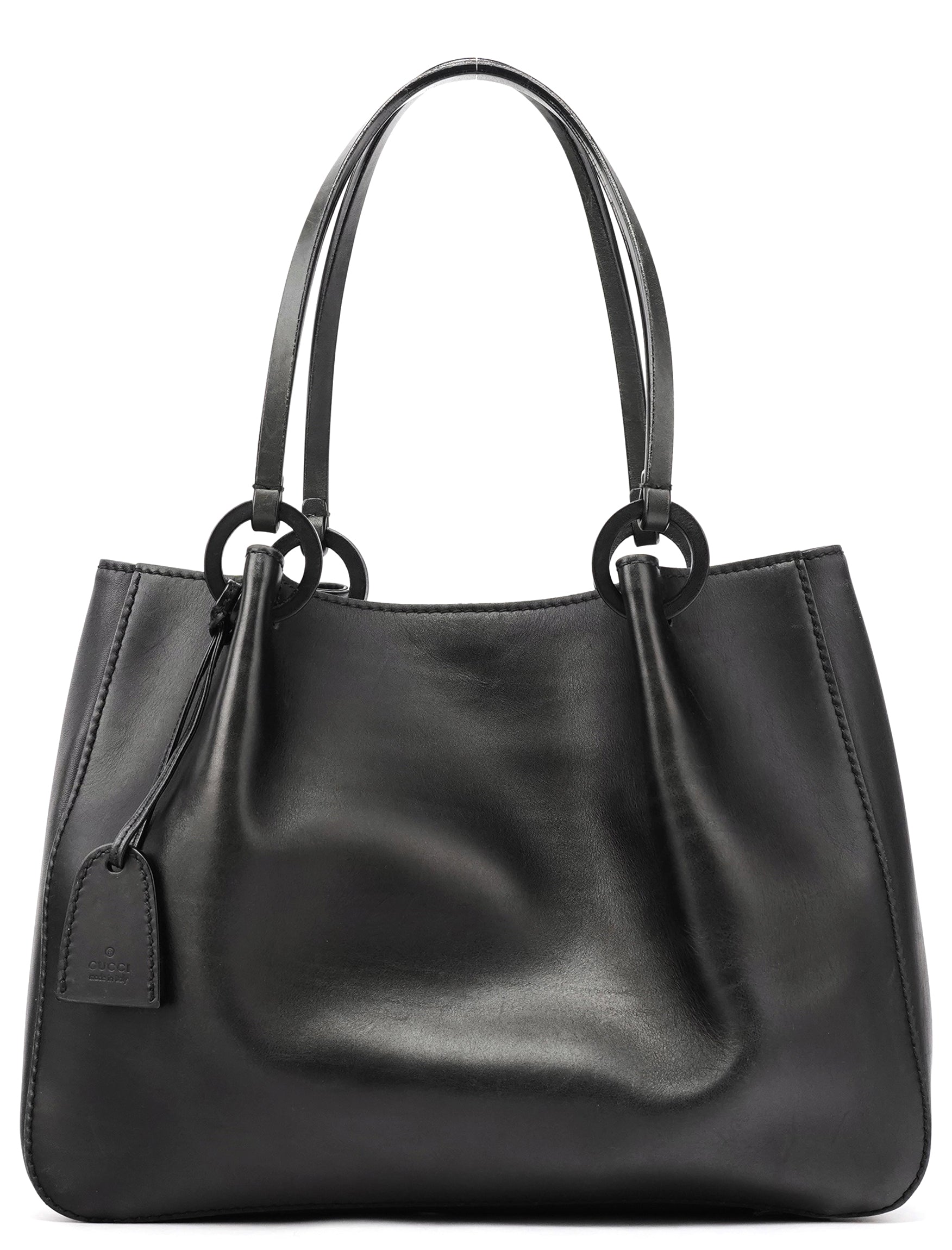 101919 Black Leather Ring Handle Tote Bag