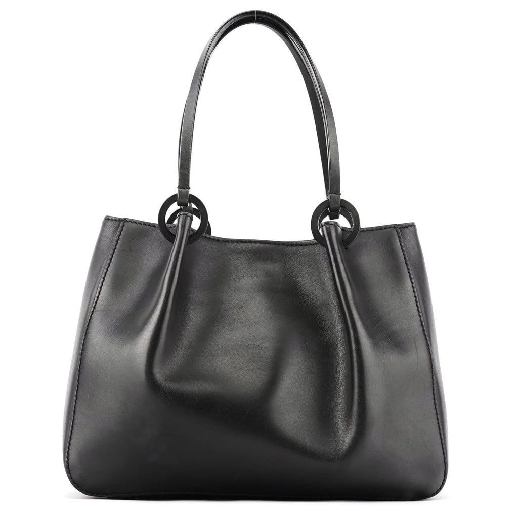 101919 Black Leather Ring Handle Tote Bag