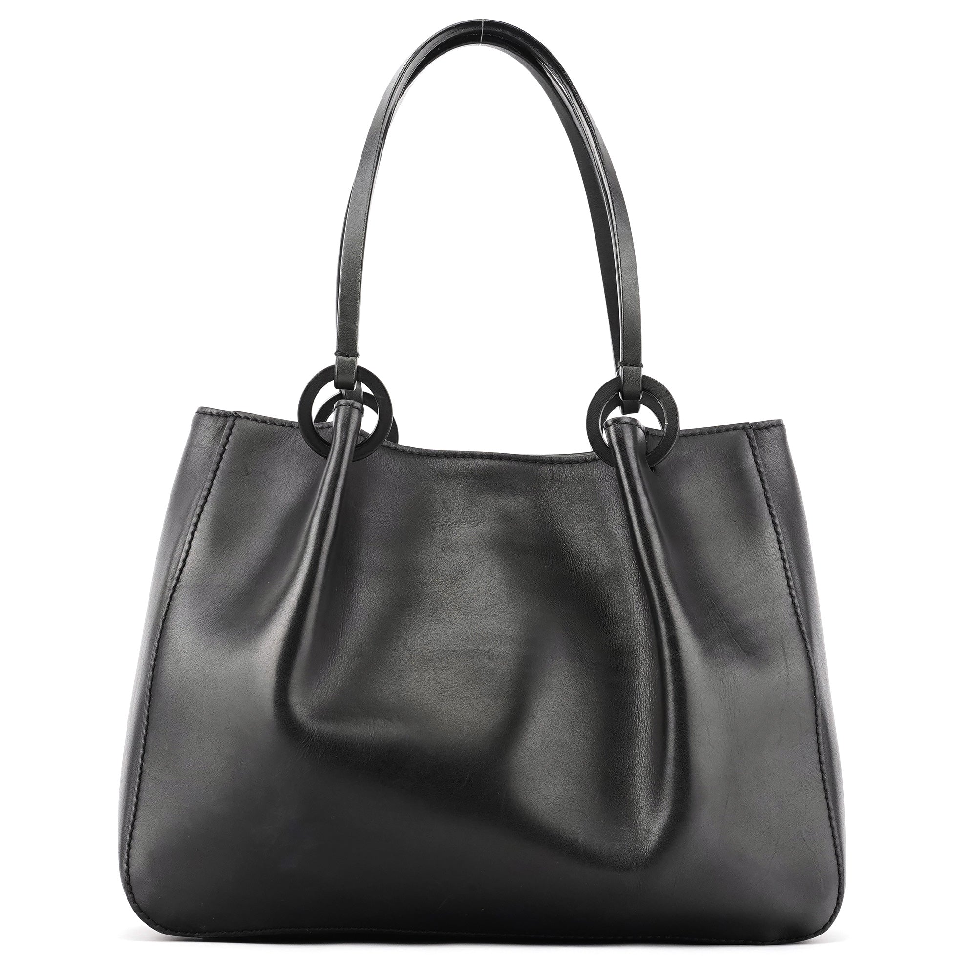 101919 Black Leather Ring Handle Tote Bag