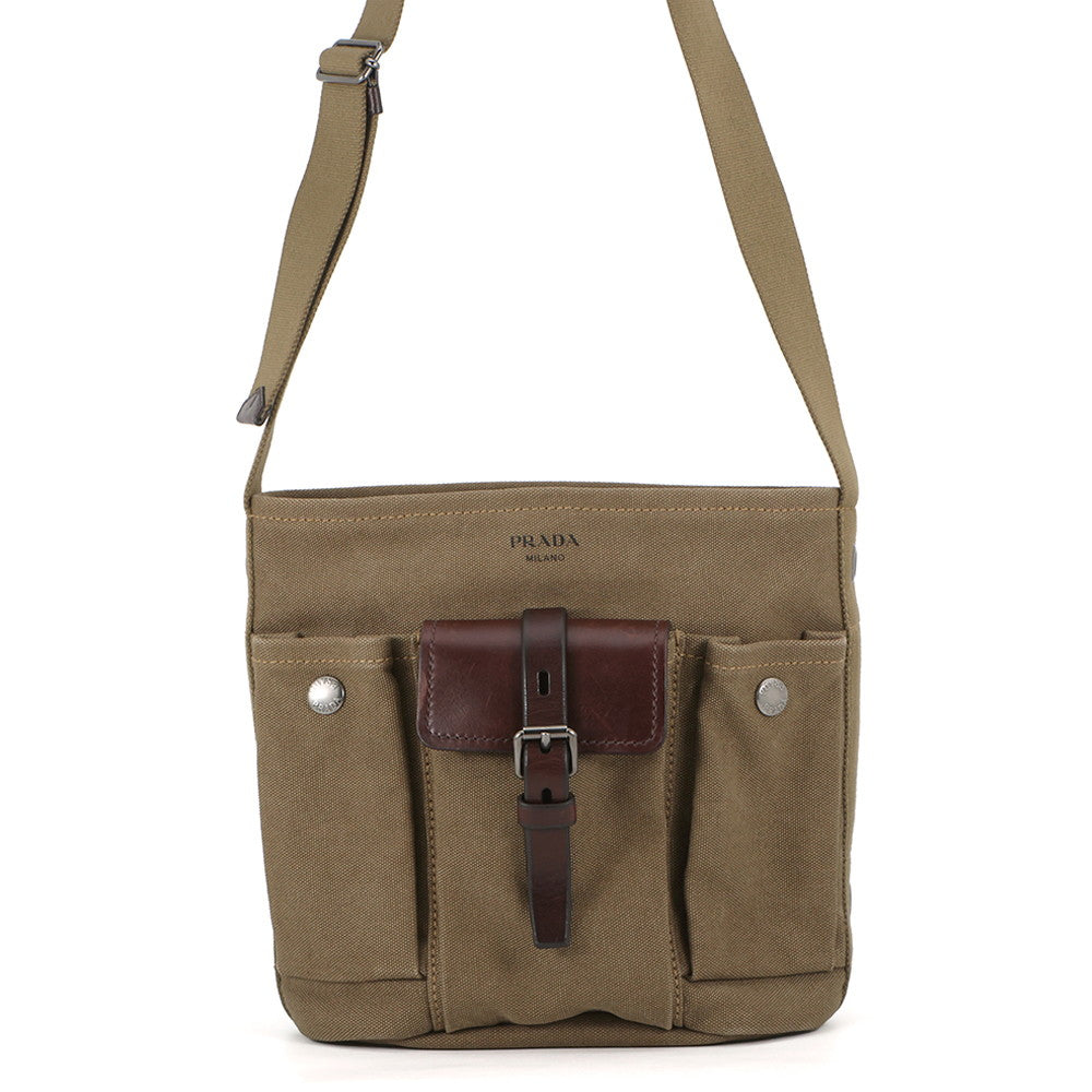 PRADA Route Shoulder Bag Khaki/Brown1BE106 Canvas Leather Size Mini