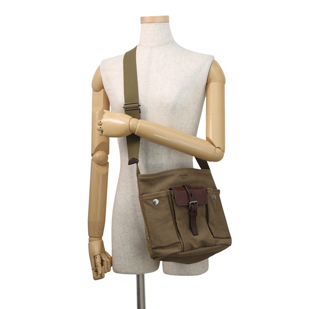 PRADA Route Shoulder Bag Khaki/Brown1BE106 Canvas Leather Size Mini