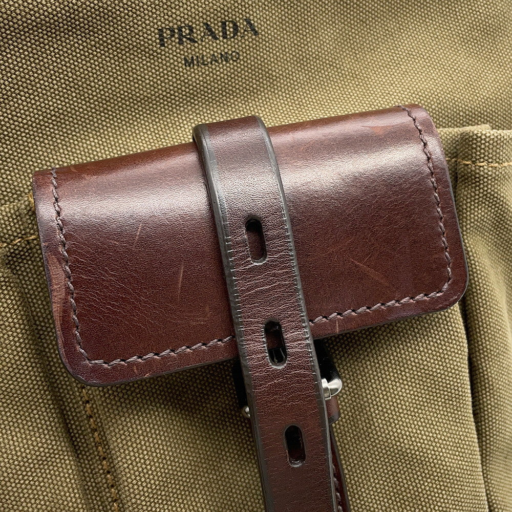 PRADA Route Shoulder Bag Khaki/Brown1BE106 Canvas Leather Size Mini
